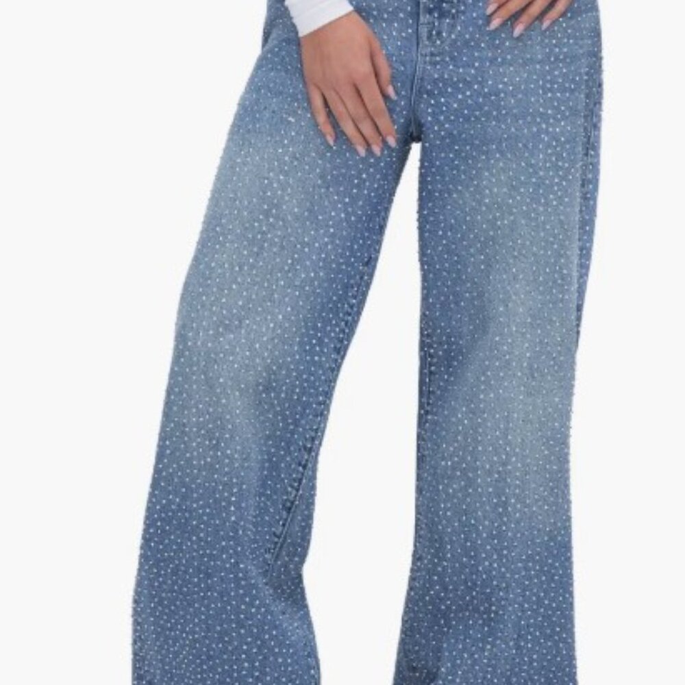 Good American Good Ease Crystal Embellished Wide Leg Jeans Sz 8 NEW